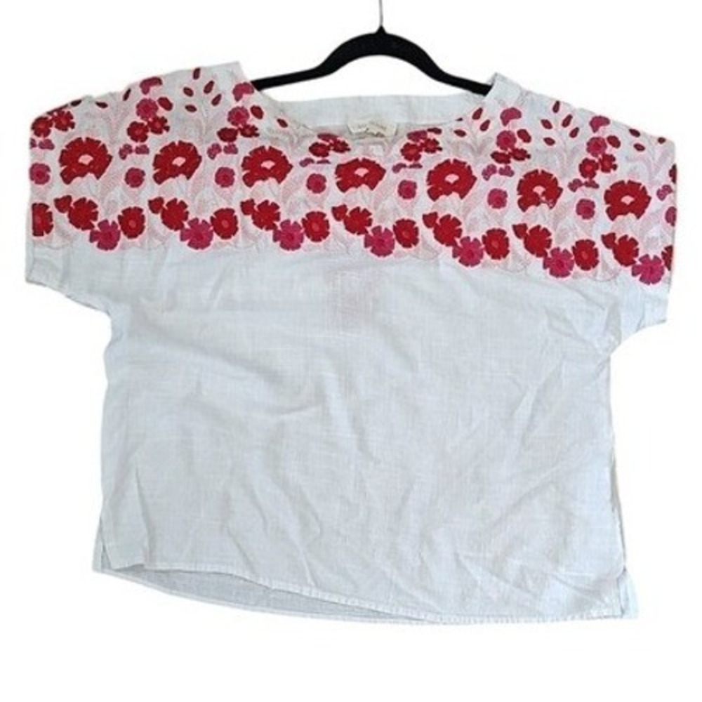 Solitaire Women XL Top White Linen Blend Floral Embroidered Boxy Blouse
